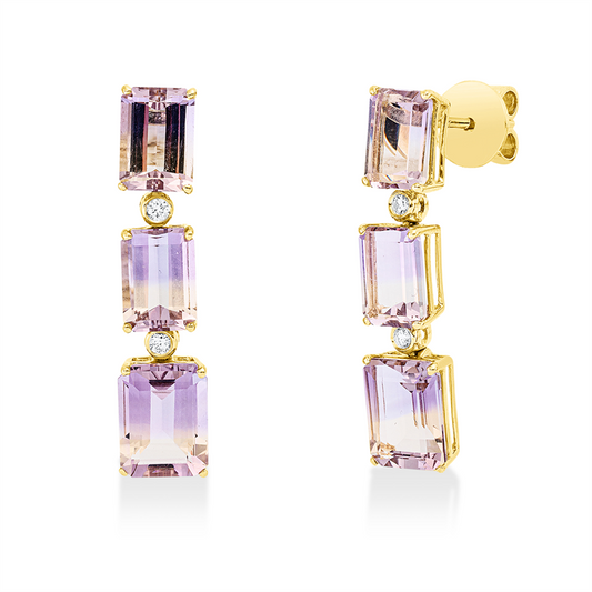 Ohrschmuck 18 kt GG, 4 Brill. 0,07 ct, TW-si, 4 Ametrin 3,60 ct gelb-lila, 2 Ametrin 2,90 ct gelb-lila