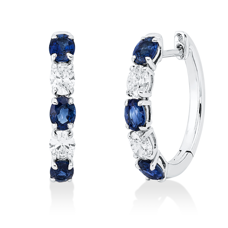 Creolen 18 kt WG, 4 Oval 0,61 ct, TW-si, 6 Saphire 1,42 ct blau
