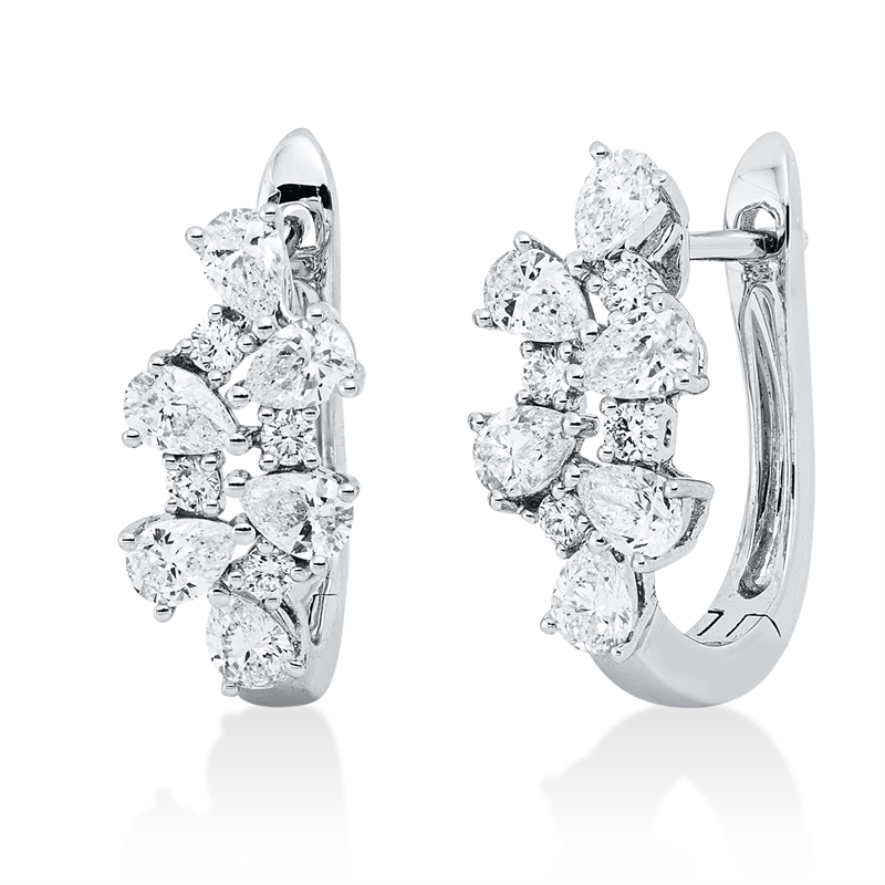 Creolen 18 kt WG, 12 Tropfen 0,99 ct, TW-si, 8 Brill. 0,13 ct, TW-si