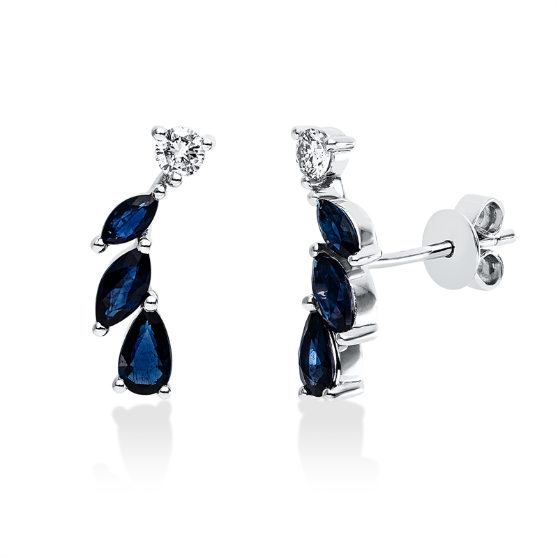 Ohrstecker 18 kt WG, 2 Brill. 0,16 ct, W-si, 2 Saphire 0,43 ct blau, 4 Saphire 0,67 ct blau