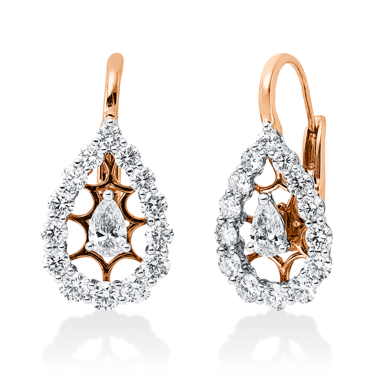 Creolen 18 kt WG+RG, 2 Tropfen 0,33 ct, TW-vsi, 28 Brill. 1,23 ct, TW-si