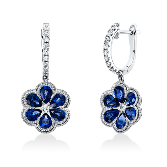 Creolen 18 kt WG, 24 Brill. 0,27 ct, TW-si, 12 Saphire 2,19 ct blau