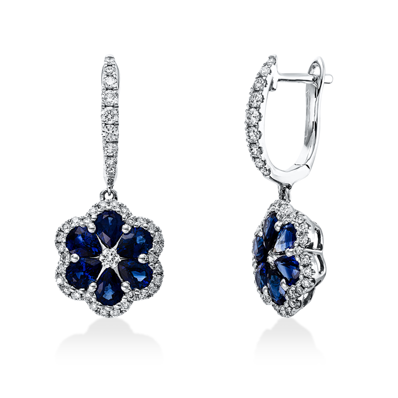 Ohrschmuck 18 kt WG, 80 Brill. 0,50 ct, TW-si, 12 Saphire 2,11 ct blau