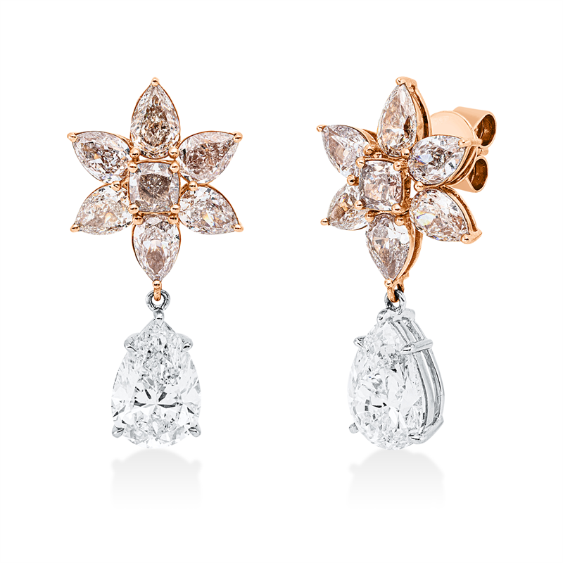 Ohrschmuck 18 kt RG+WG, GIA 2pcs, 2 Cushion 0,71 ct, pink, 12 Tropfen 3,77 ct, pink, 2 Tropfen 4,02 ct-si