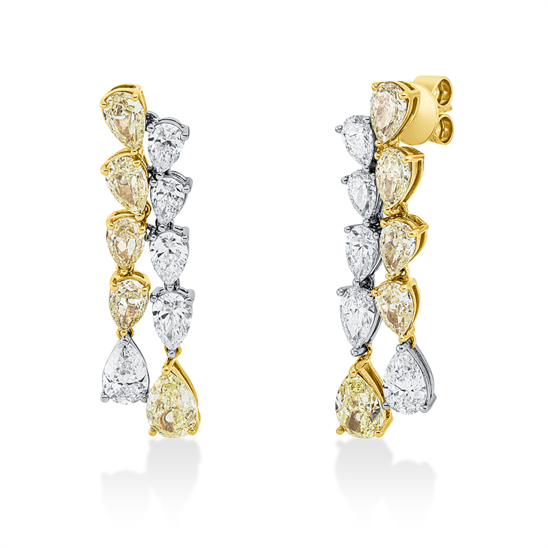 Ohrschmuck 18 kt GP, 10 Tropfen 2,79 ct, TW-si, 2 Tropfen 1,46 ct, gelb, 8 Tropfen 2,59 ct, gelb