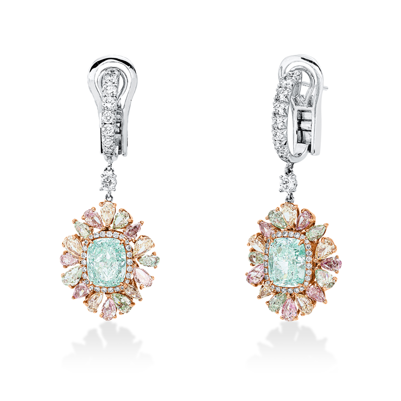 Ohrschmuck 18kt,GIA 2pcs, 18 Brill.0,76 ct, TW-si, 84 Fant-Schl.3,77ct, fancy, 2 Cushion 4,03ct, grün