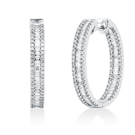 Creolen 18 kt WG, 108 Bag. 0,97 ct, TW-si, 192 Brill. 0,72 ct, TW-si