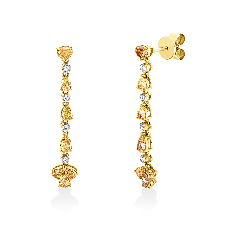 Ohrschmuck 18 kt GG+WG, 8 Brill. 0,08 ct, W-si/pi, 14 Fant-Schl. 1,66 ct, fancy