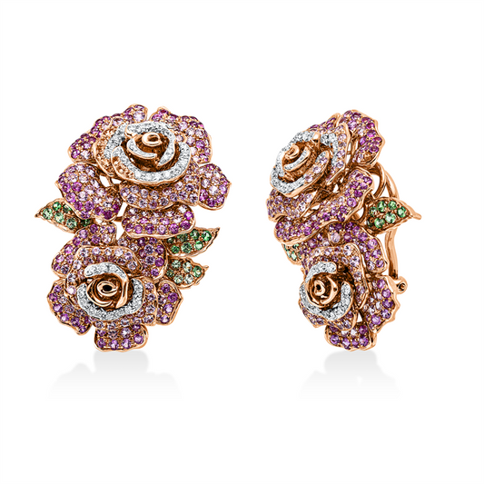 Ohrschmuck 18 kt RG+WG, 76 Brill. 0,44 ct, TW-vsi, 42 Tsavorith 0,40 ct grün, 180 Saphire 1,74 ct pink, 256 Saphire 2,30 ct rosa