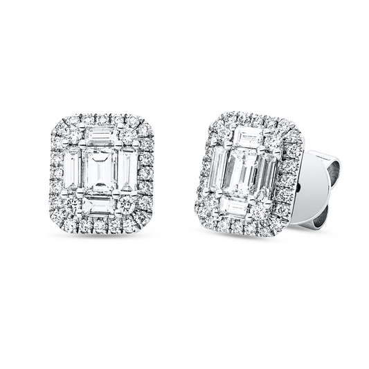 Ohrstecker 18 kt WG, 8 Bag. 0,26 ct, F-vsi/si, 2 Bag. 0,32 ct, F-vsi/si, 56 Brill. 0,25 ct, TW-si