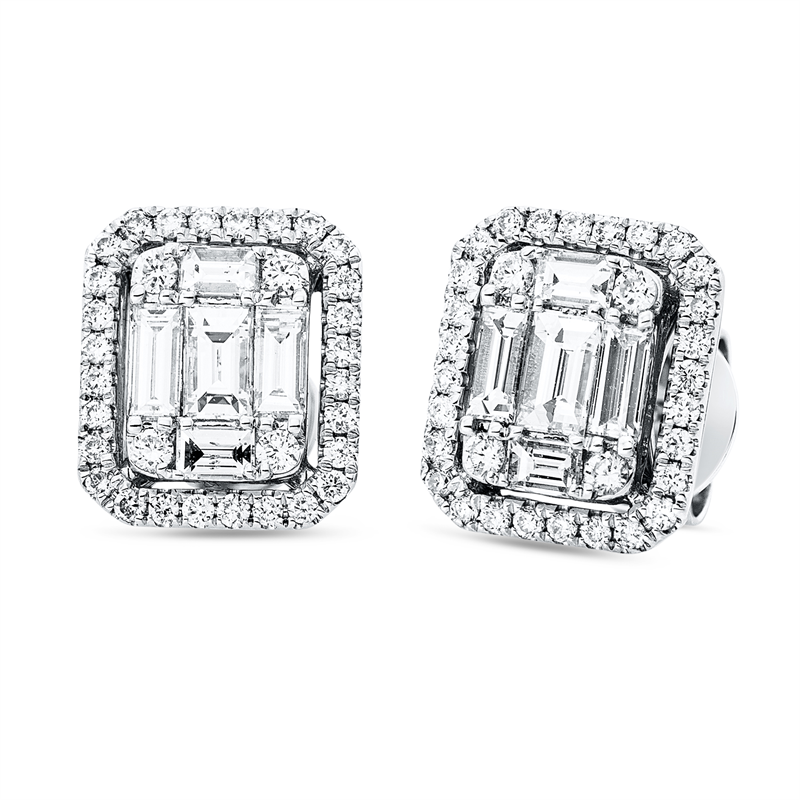 Ohrstecker 18 kt WG, 4 Bag. 0,15 ct, F-vsi/si, 6 Bag. 0,43 ct, F-vsi/si, 64 Brill. 0,29 ct, TW-si