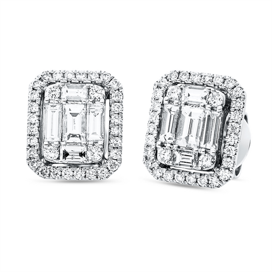 Ohrstecker 18 kt WG, 4 Bag. 0,15 ct, F-vsi/si, 6 Bag. 0,43 ct, F-vsi/si, 64 Brill. 0,29 ct, TW-si