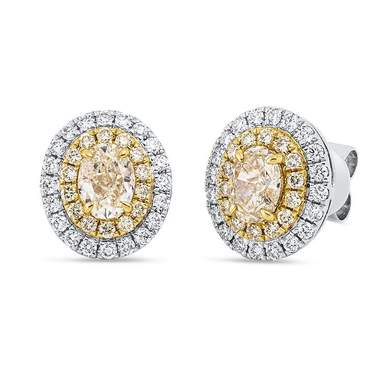 Ohrstecker 18 kt WG+GG, 40 Brill. 0,30 ct, TW-si, 2 Oval 1,07 ct, gelb, 28 Brill. 0,21 ct, gelb