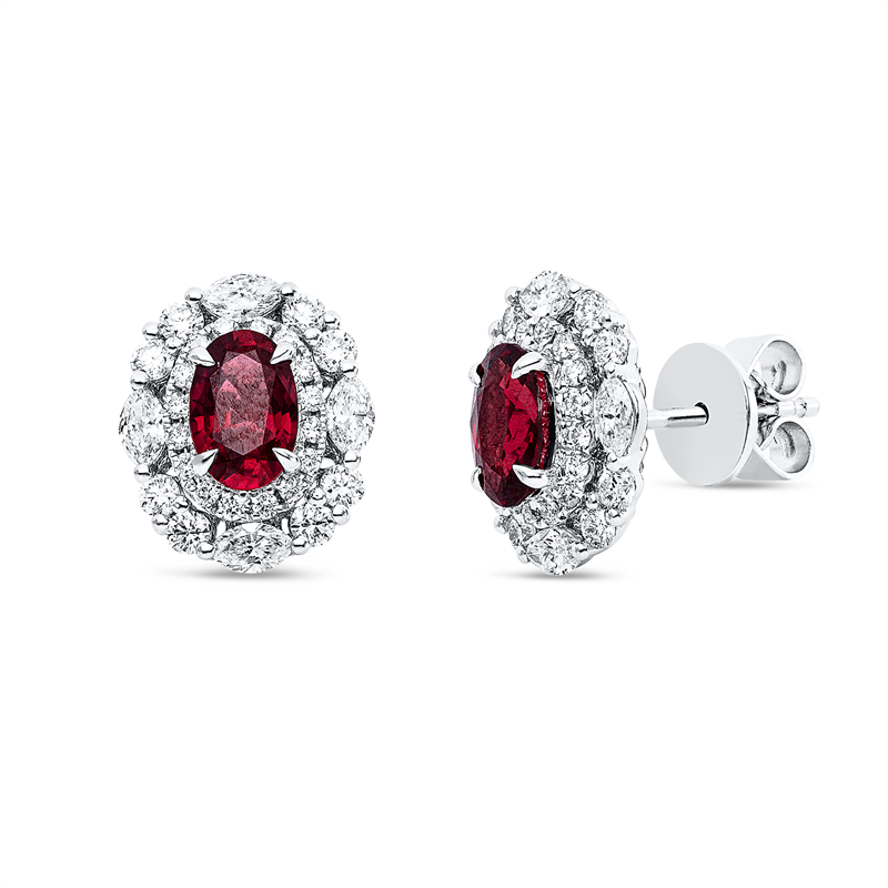 Ohrstecker 18 kt WG, 48 Brill. 0,44 ct, TW-si, 8 Nav. 0,34 ct, F-vsi/si, 2 Rubine 1,22 ct rot