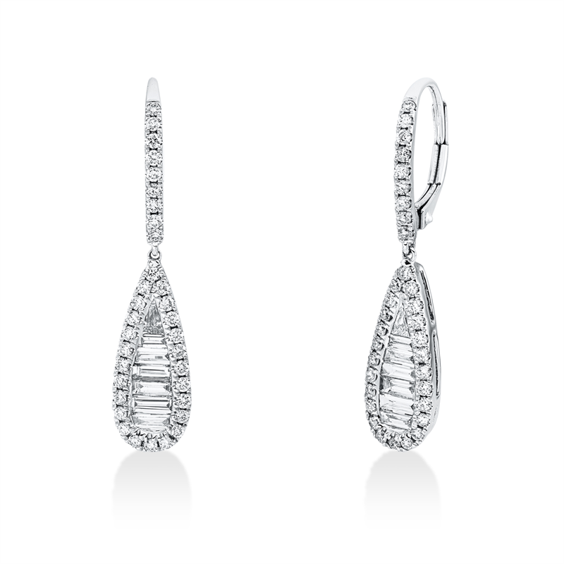 Ohrschmuck 18 kt WG, 14 Bag. 0,55 ct, TW-si, 66 Brill. 0,59 ct, TW-si