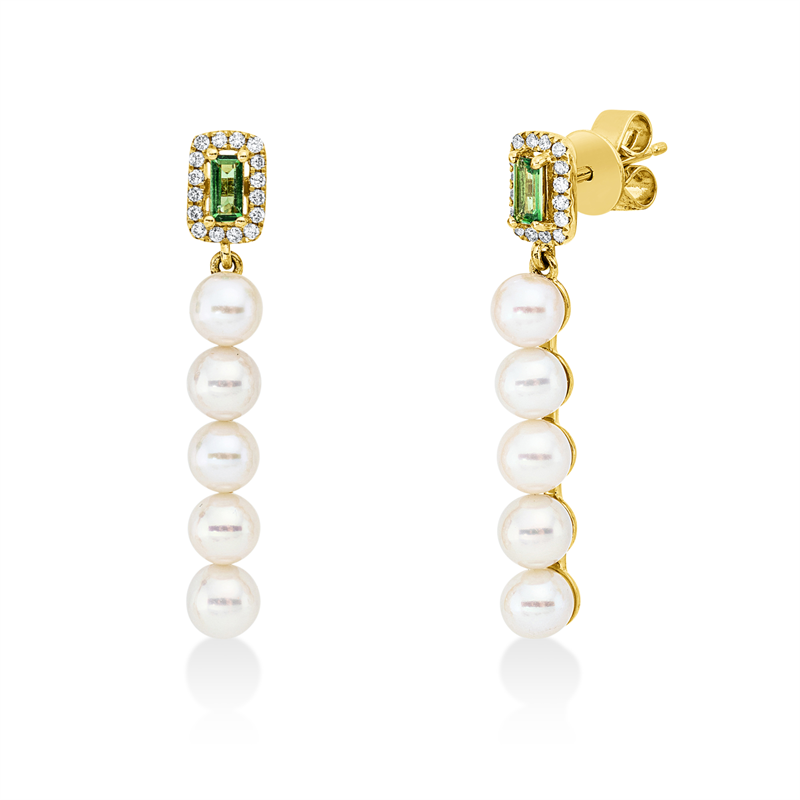 Ohrschmuck 18 kt GG, 32 Brill. 0,12 ct, TW-si, 2 Tsavorith 0,27 ct grün, 10 SW weiß 4,5 mm
