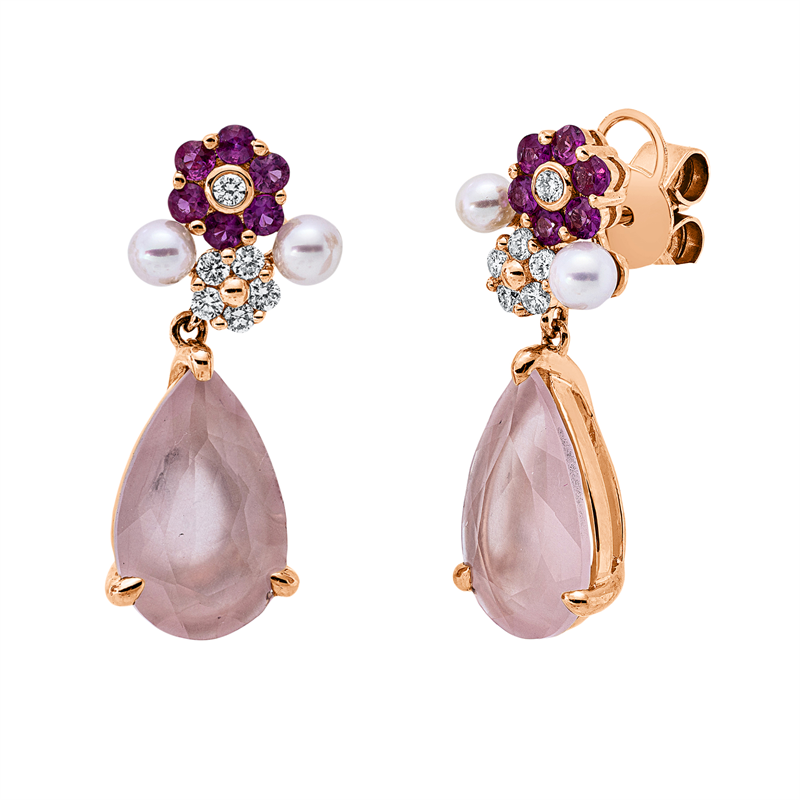 Ohrschmuck 18KR, 12 Brill.0,22ct, TW-si, 2 Quarz 5,52ct pink, 12 Saph 0,47ct pink, 4 SW weiß 3,25mm