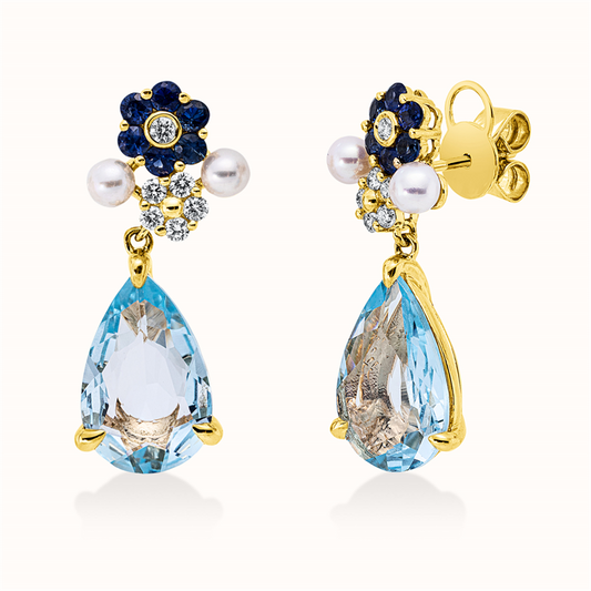 Ohrschmuck 18KG, 12Brill.0,22ct, TW-si, 2Topase 6,74ct sky blue, 12Saph 0,59ct blau, 4SW weiß 3,25mm