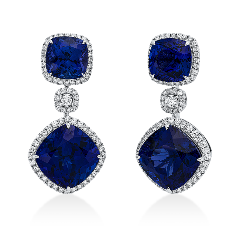 Ohrschmuck 18 kt WG, 146 Brill. 2,80 ct, TW-si, 4 Tansanit 66,35 ct blau