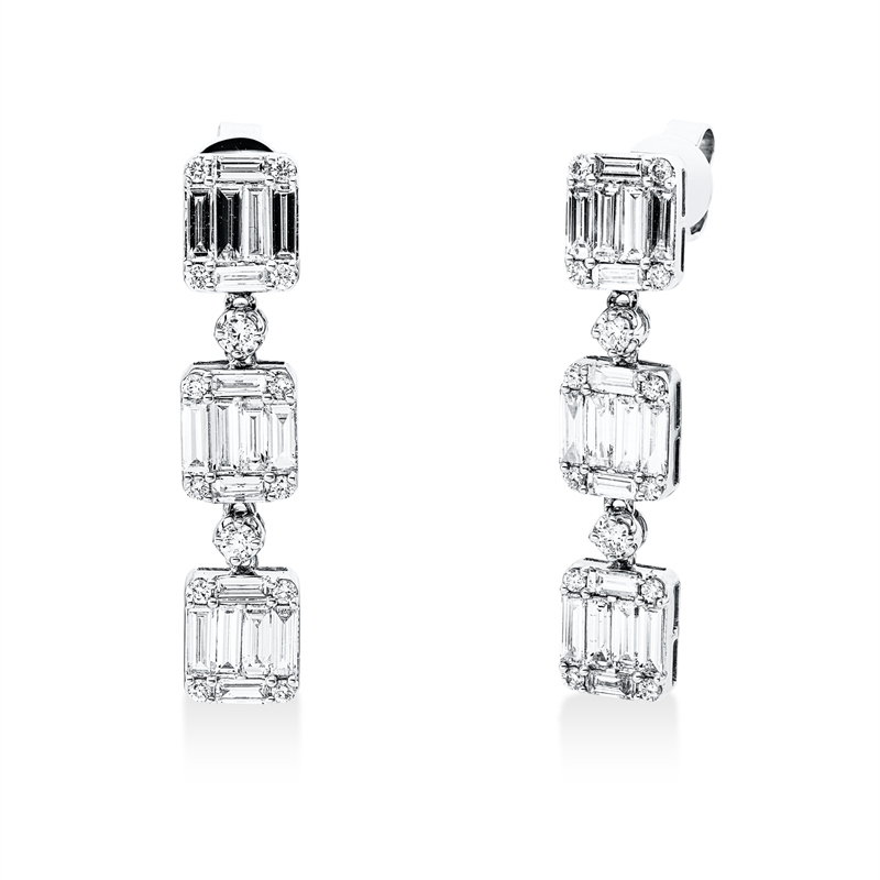 Ohrschmuck 18 kt WG, 24 Bag. 1,85 ct, TW-si, 12 Bag. 0,51 ct, TW-si, 28 Brill. 0,46 ct, TW-si