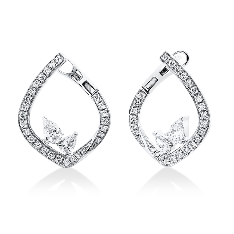 Creolen 18 kt WG, 2 Tropfen 0,18 ct, TW-si, 2 Tropfen 0,34 ct, TW-si, 54 Brill. 0,39 ct, TW-si