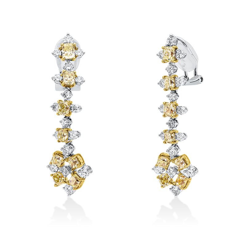 Ohrschmuck 18 kt WG+GG, 34 Brill. 2,10 ct, TW-vsi, 16 Cushion 4,14 ct, gelb