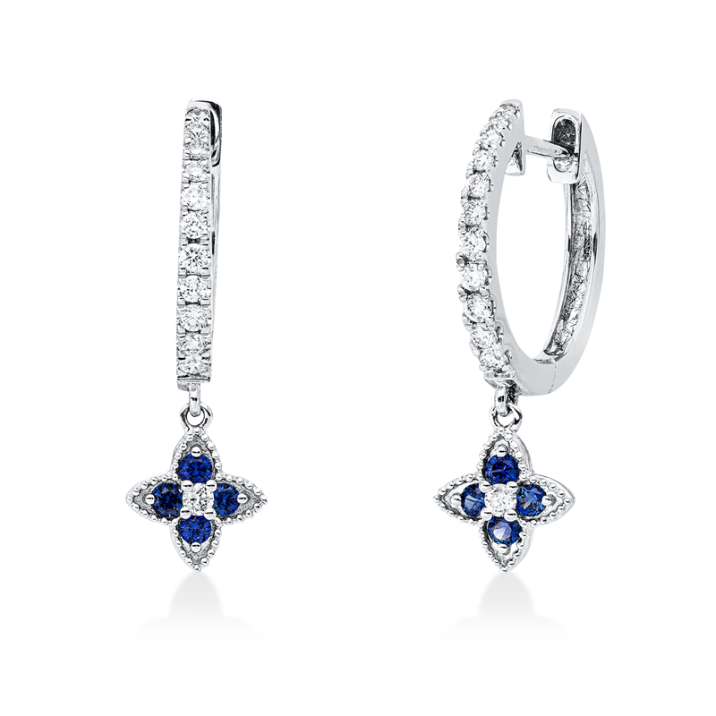 Creolen 18 kt WG, 24 Brill. 0,24 ct, TW-si, 8 Saphire 0,16 ct blau