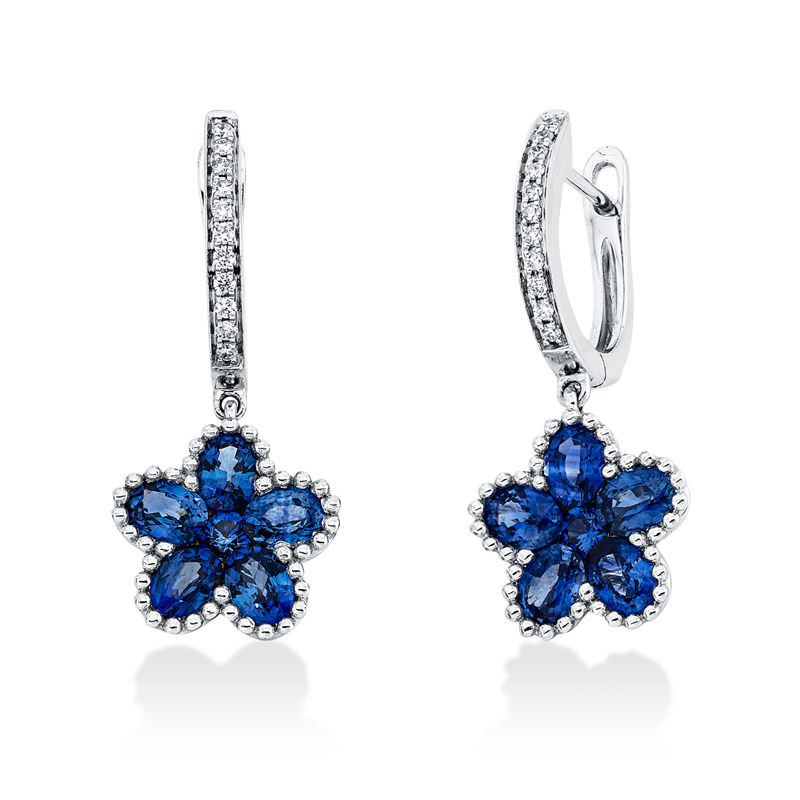 Ohrschmuck 14 kt WG, 22 Brill. 0,10 ct, TW-si, 2 Saphire 0,14 ct blau, 10 Saphire 2,12 ct blau