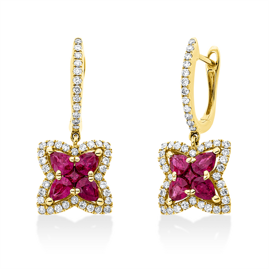 Ohrschmuck 14 kt GG, 88 Brill. 0,54 ct, TW-si, 2 Rubine 0,13 ct rot, 8 Rubine 1,47 ct rot