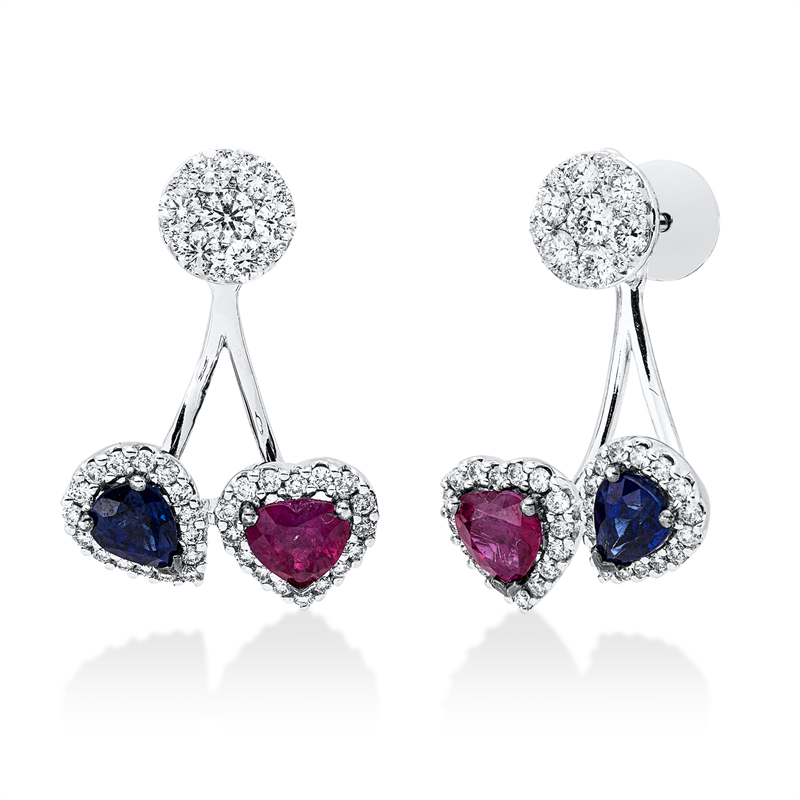Ohrstecker 18 kt WG, 90 Brill. 0,98 ct, TW-si, 2 Saphire 1,02 ct blau, 2 Rubine 1,08 ct rot