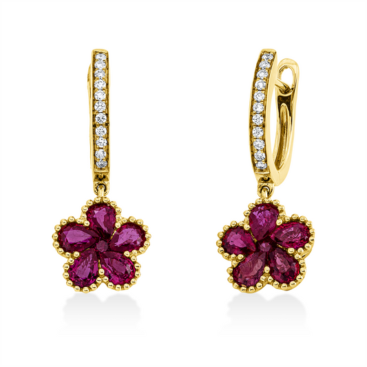 Ohrschmuck 18 kt GG, 22 Brill. 0,12 ct, TW-si, 2 Rubine 0,10 ct rot, 10 Rubine 1,74 ct rot