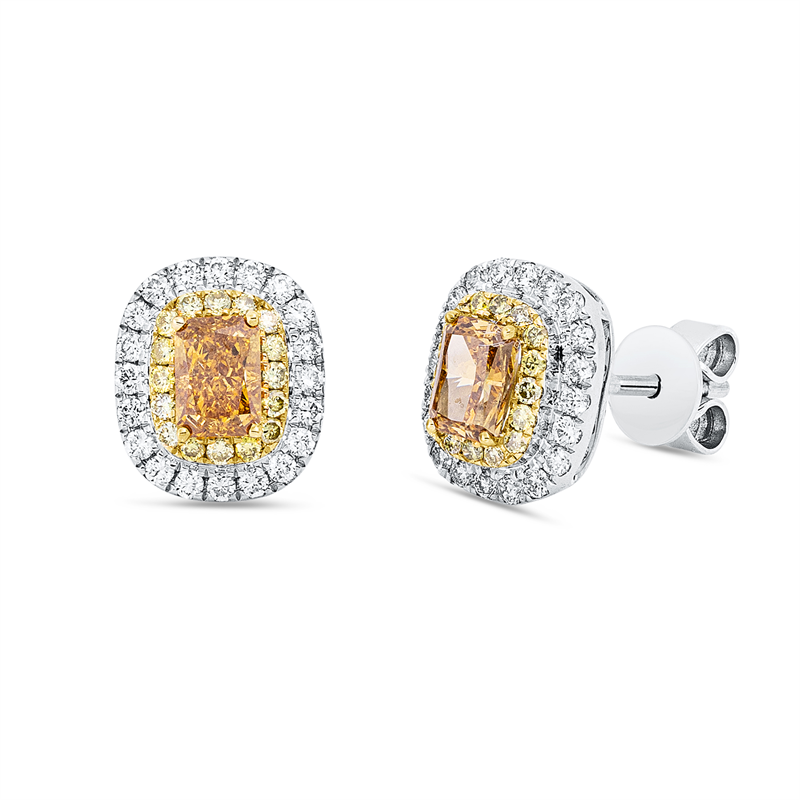 Ohrstecker 18 kt WG+GG, 32 Brill. 0,12 ct, gelb-vsi, 2 Radiant 0,58 ct, gelb-vsi, 40 Brill. 0,21 ct, TW-si