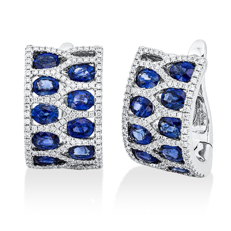 Creolen 18 kt WG, 252 Brill. 1,00 ct, TW-si, 18 Saphire 5,46 ct blau