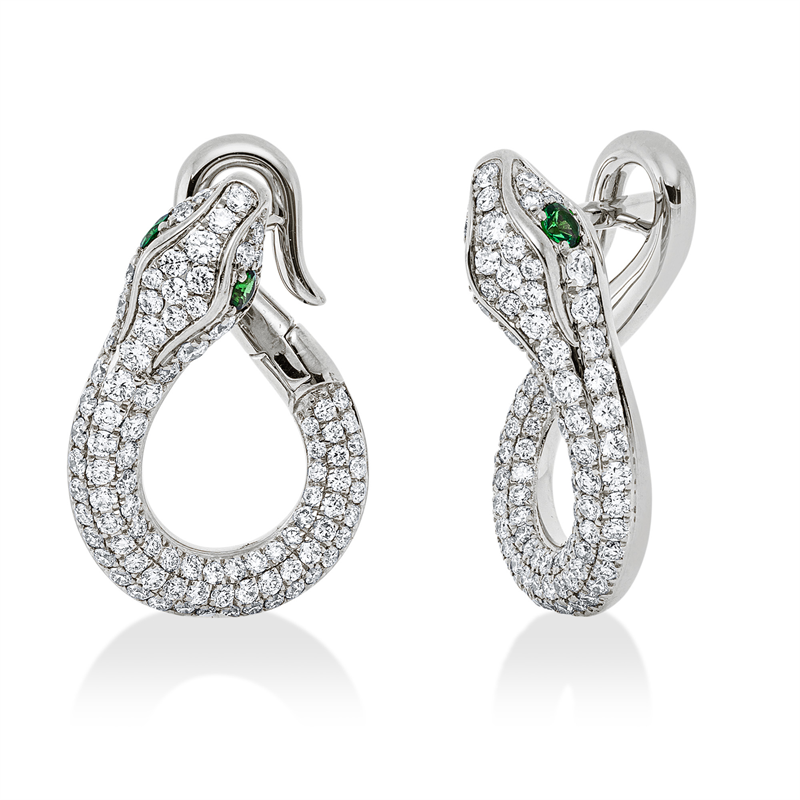 Ohrschmuck 18 kt WG, 182 Brill. 1,10 ct, F-vsi, 4 Tsavorith 0,15 ct grün