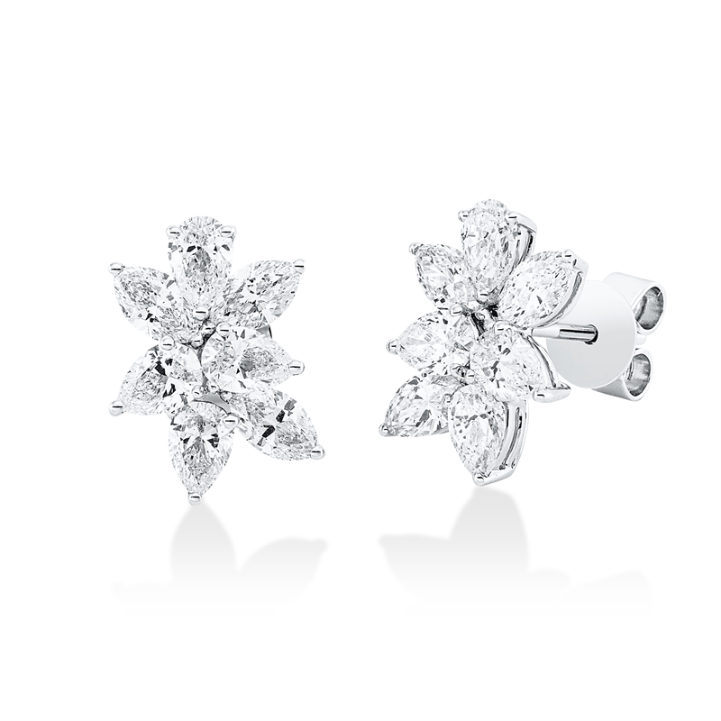 Ohrstecker 18 kt WG, 8 Tropfen 1,52 ct, F-vsi, 6 Nav. 1,12 ct, F-vsi