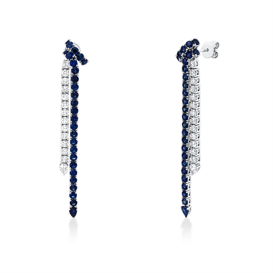 Ohrschmuck 18 kt WG, 2 Tropfen 0,35 ct, F-vsi, 26 Brill. 2,12 ct, F-vsi, 56 Saphire 6,21 ct blau