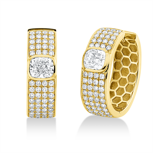 Creolen 18 kt GG, 2 Cushion 1,44 ct, F-vsi, 112 Brill. 0,98 ct, F-vsi