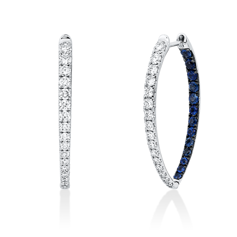 Creolen 18 kt WG, Fassung teils schwarz rhodinie, 32 Brill. 0,66 ct, F-vsi, 26 Saphire 0,81 ct blau