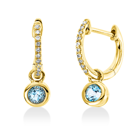 Creolen 18 kt GG, 20 Brill. 0,06 ct, W-si, 2 Topase 0,43 ct sky blue