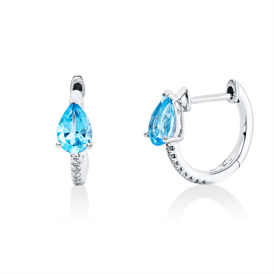 Creolen 18 kt WG, 16 Brill. 0,05 ct, W-si, 2 Topase 0,98 ct Swiss blue