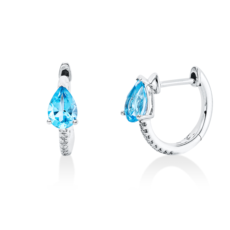 Creolen 18 kt WG, 16 Brill. 0,05 ct, W-si, 2 Topase 0,98 ct Swiss blue