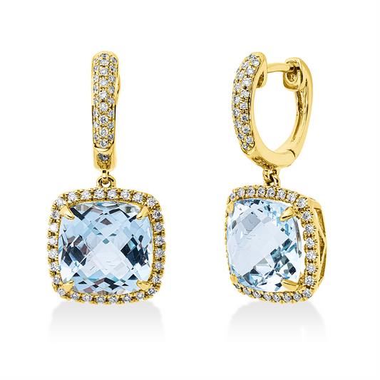 Ohrschmuck 18 kt GG, 106 Brill. 0,48 ct, TW-si, 2 Topase 8,90 ct sky blue