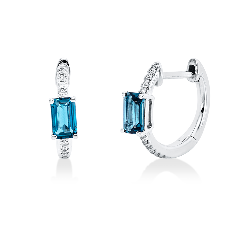 Creolen 18 kt WG, 20 Brill. 0,06 ct, W-si, 2 Topase 0,55 ct Lond. blue