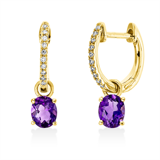 Ohrschmuck 18 kt GG, 20 Brill. 0,06 ct, W-si, 2 Amethyste 0,68 ct lila