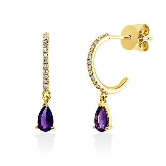 Ohrschmuck 18 kt GG, 28 Brill. 0,08 ct, W-si, 2 Amethyste 0,37 ct lila