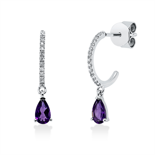 Ohrschmuck 18 kt WG, 28 Dia. 0,08 ct, W-si, 2 Amethyste 0,38 ct lila