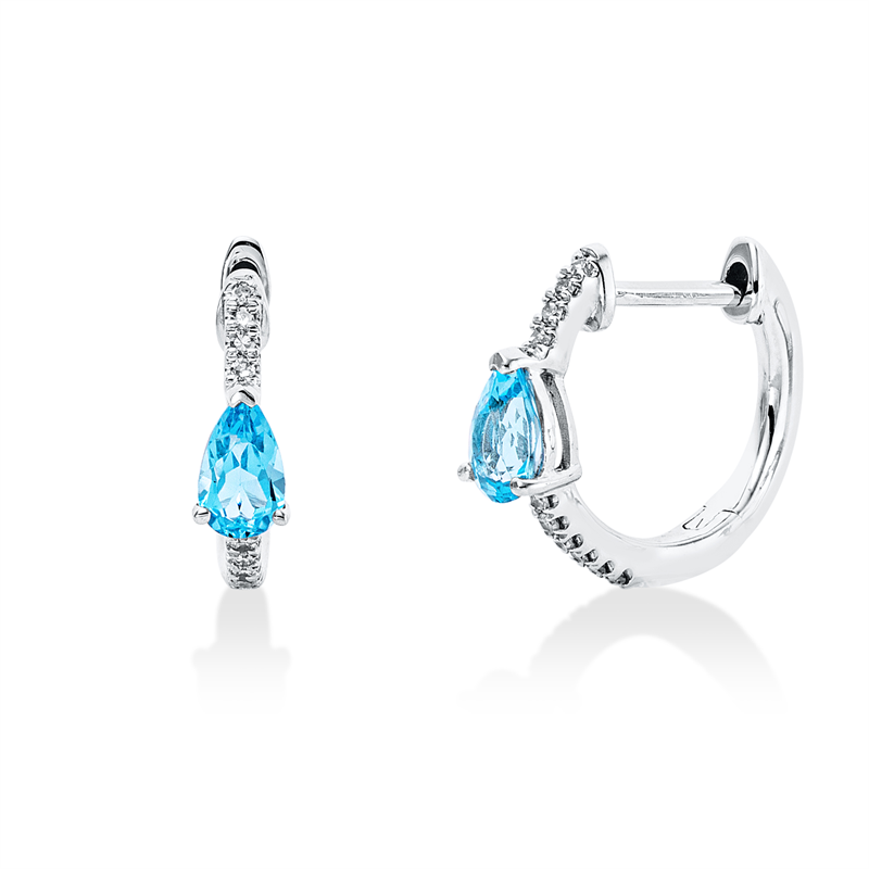 Creolen 18 kt WG, 20 Brill. 0,06 ct, W-si, 2 Topase 0,51 ct Swiss blue