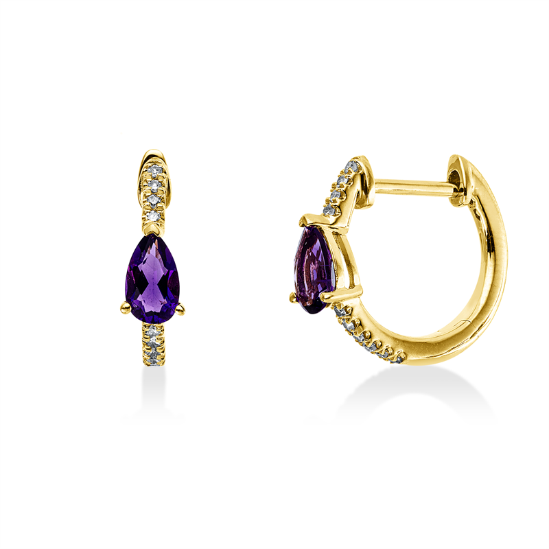 Creolen 18 kt GG, 20 Brill. 0,06 ct, W-si, 2 Amethyste 0,37 ct lila