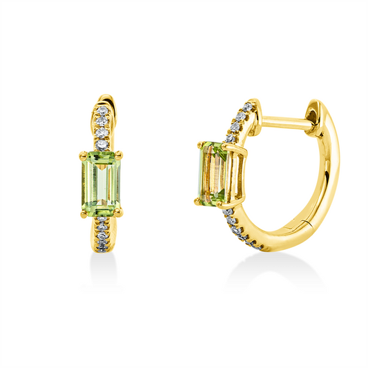 Creolen 18 kt GG, 20 Brill. 0,06 ct, W-si, 2 Peridot 0,64 ct grün