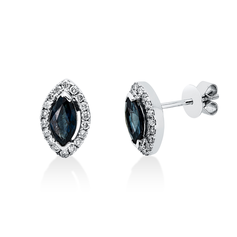 Ohrstecker 18 kt WG, 36 Brill. 0,26 ct, F-si, 2 Saphire 1,00 ct blau